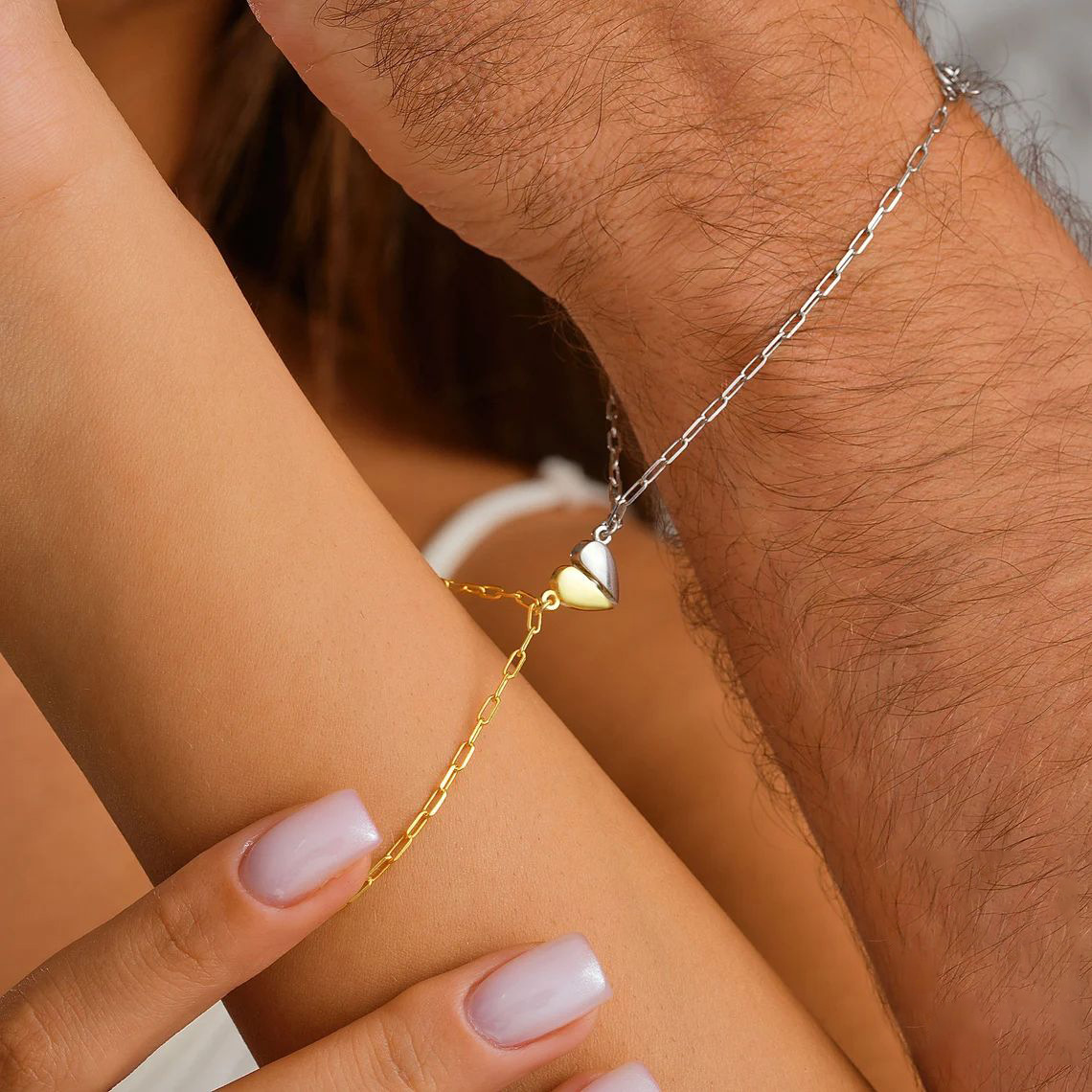 Paperclip Magnetic Set - Magnetic Heart Couple Bracelets, Gold Silver